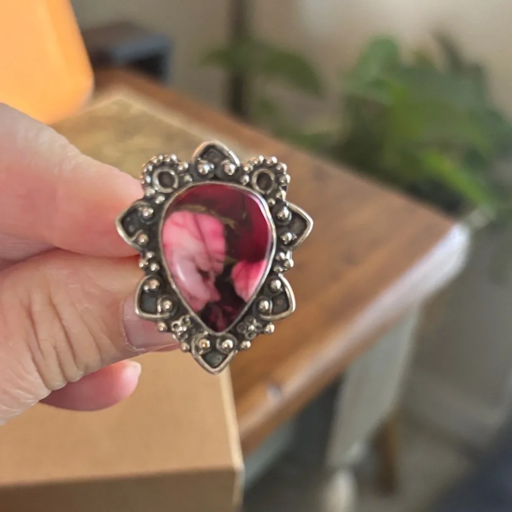 Stirling Silver Pink Dahlia Adjustable Ring